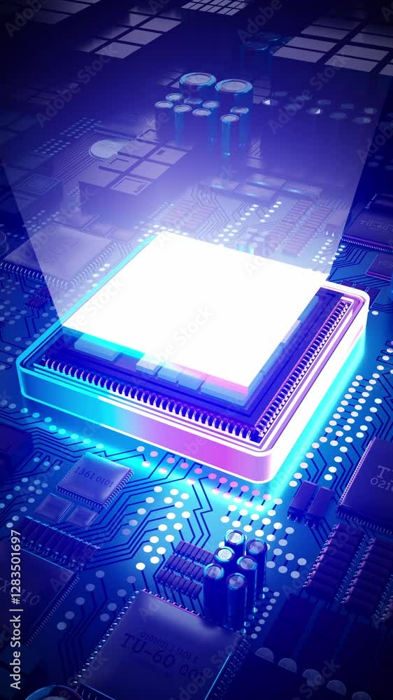 Poster computer processor and light rays - 3d 4k vertical animation (2160x3840 px)