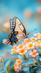 Obraz premium Colorful butterfly resting on vibrant flowers in a garden during a sunny afternoon in springtime