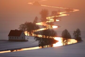 Winding river sunrise snowy fields