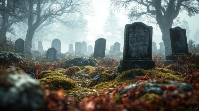 Gloomy cemetery shrouded in mist with ancient tombstones surrounded by vibrant foliage at dawn