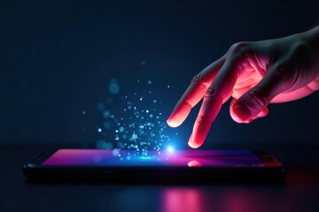 Finger extends to touch phone screen on a dark background, highlighting social media presence , digital life, online presence, virtual connection