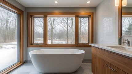 Fototapeta premium A sleek, finished bathroom expansion with a soaking tub, subtle lighting, and wooden accents for a warm, cozy feel.