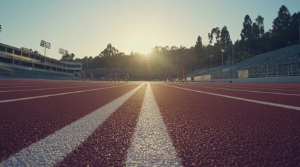 College stadium with athletes preparing for a 100m race. Featuring speed and adrenaline