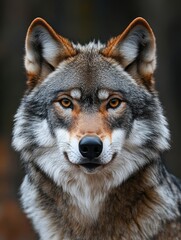 Majestic wolf gazes intently into the distance during a serene forest setting at dawn, showcasing its striking features and vibrant fur textures