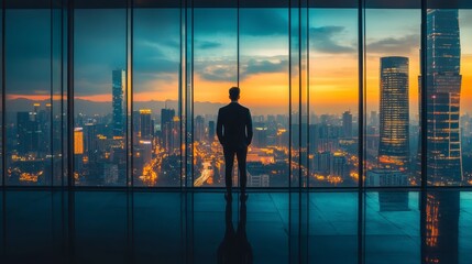 Obraz na płótnie Canvas Silhouette of Man Gazing at Glowing Cityscape from High Rise Building at Sunset