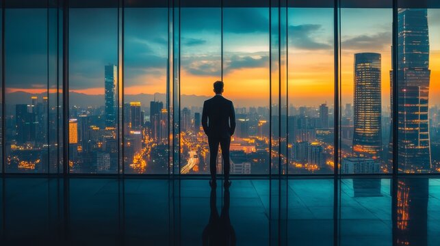 Silhouette of Man Gazing at Glowing Cityscape from High Rise Building at Sunset