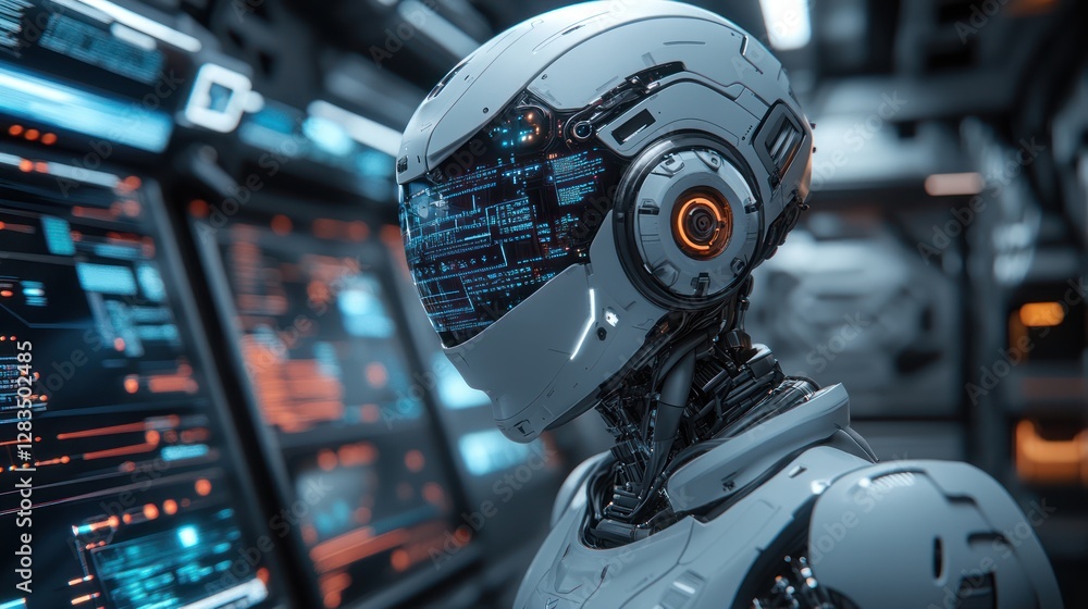 Poster robot monitoring systems in futuristic control room