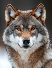 Obraz premium Encounter with a majestic wolf during winter in a forested area displaying its striking eyes and fur