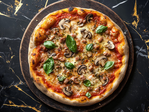 Italian Boscaiola Pizza with Sausage, Mushrooms, and Mozzarella