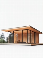 Modern Glass House: A sleek, minimalist, modern glass house with wood accents and clean lines. The contemporary design creates a sense of openness, merging the indoors with the outdoors seamlessly.