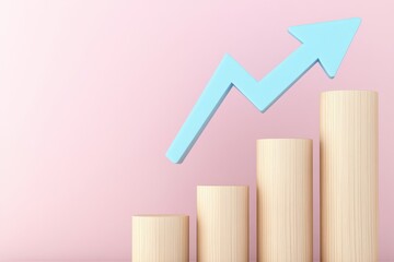 Growth indicator with wooden columns and a light blue arrow against a pink backdrop highlighting positive trends in business and finance
