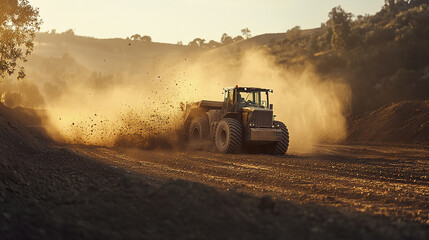 wheel loader advances across gravel pit, dirt flying dramatically