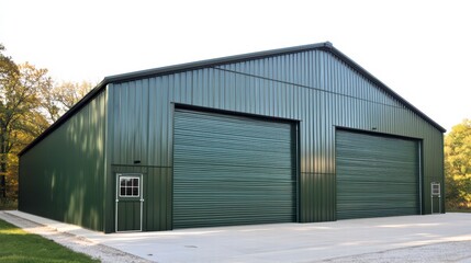 Fototapeta premium Modern Industrial Facade: A striking modern industrial building featuring two prominent garage doors, set against a backdrop of serene natural surroundings. The metallic finish catches the light.