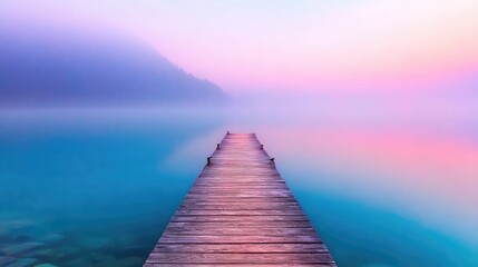 Fototapeta premium Misty lake sunrise wooden pier, tranquil scene, peaceful morning, scenic view, perfect for relaxation, calming atmosphere, inspiring views