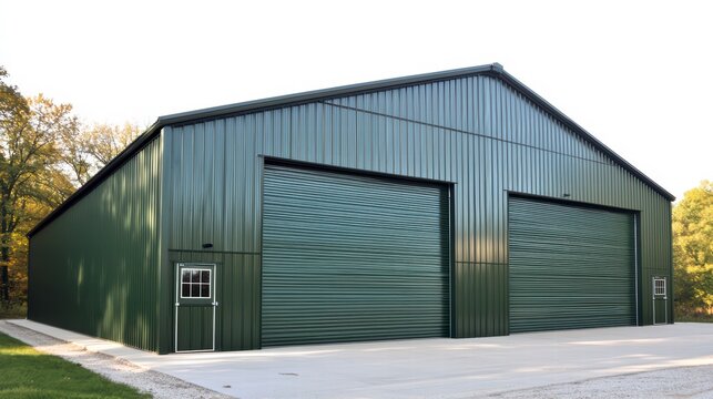 Modern Industrial Facade: A striking modern industrial building featuring two prominent garage doors, set against a backdrop of serene natural surroundings. The metallic finish catches the light.