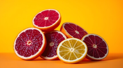 Deep ultraviolet photograph of sliced citrus fruitsorange, grapefruit, lemonon a yellow to orange gradient background. Vivid purples, high contrast