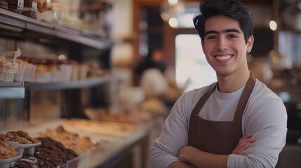 Young male barista smiling at bakery counter with fresh pastries and coffee, enjoying job and customer interaction in cozy cafÃ© setting.