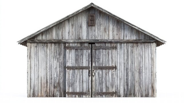 Weathered Barn: A rustic wooden barn with weathered exterior and closed doors. The aged structure exudes a sense of history and rural charm. 