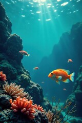 Fototapeta premium Fish and seaweed floating on surface of calm ocean waves , calm ocean, ocean plants, fish