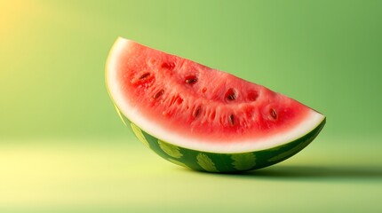 A close-up single watermelon slice on a light to dark green gradient background. Electric vivid colors