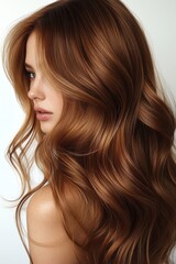 Obraz premium Beautiful woman with long, wavy chestnut hair showcasing a soft and elegant hairstyle in a serene indoor setting during natural light