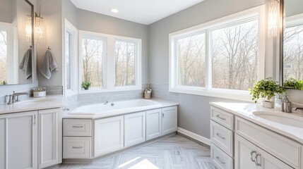 A stylish, finished bathroom expansion featuring a corner bathtub, ambient lighting, and soft neutral colors.