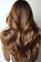 Fototapeta premium Stunning long wavy hair with a blend of caramel and honey tones highlighting natural beauty and shine in a simple backdrop