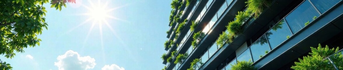 Modern glass skyscraper with sleek steel beams and lush greenery, skyscraper, cityscape