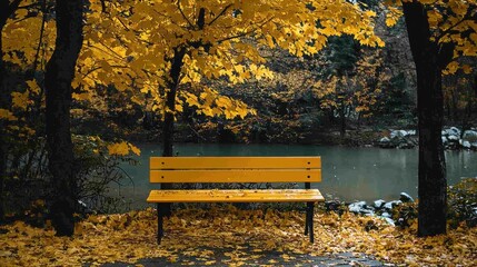 Autumnal Yellow Bench by a Lake