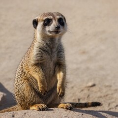 Fototapeta premium A meerkat sitting in a relaxed pose, one paw raised as if waving, against a white background.