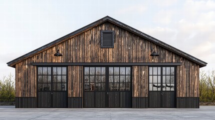 Fototapeta premium Rustic Barnhouse: A weathered wooden barnhouse with a pitched roof, large windows, and sliding doors. Perfect for agricultural or rural themed projects.