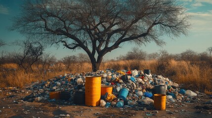 Fototapeta premium Garbage pile under a bare tree in an open field during the afternoon light