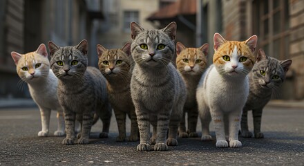 Group of Cats Standing Together in Alleyway Looking at Camera