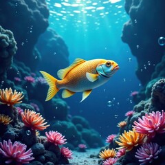 Fototapeta premium Fish swimming through the ocean bubbles, aquatic life, oceanic, seawater
