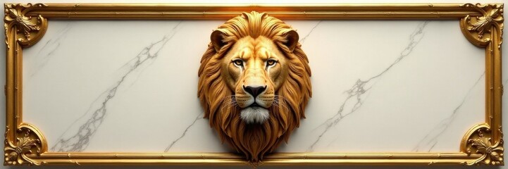 Regal lion's head on a golden frame against a marble background, noble, gold