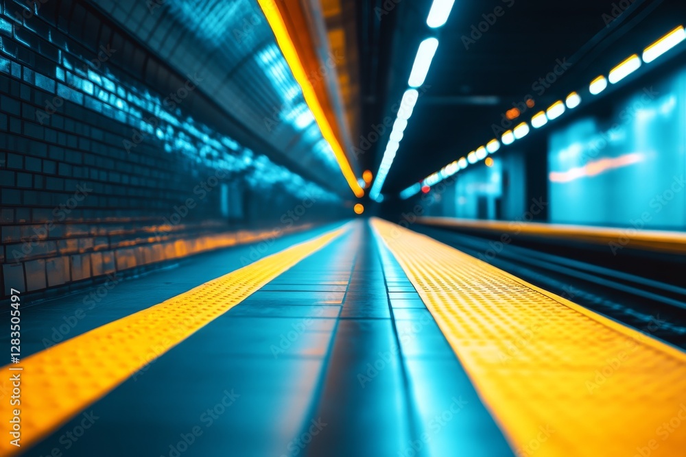 Poster vibrant underground subway platform with bright lighting and distinct lines creating a sense of moti