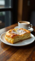 Flaky pastry and rich espresso on wooden table, wood, croissant, morning