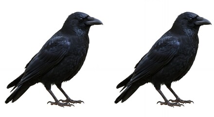 Fototapeta premium Two dark crows stand alert against a white background