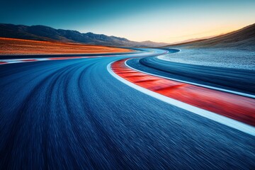 Naklejka premium Winding race track under a vibrant sunset with mountains in the background