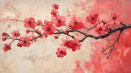 A vibrant illustration of cherry blossoms on a textured background.