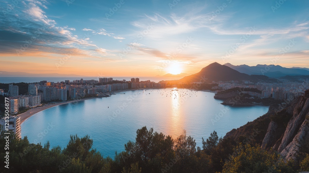Aufkleber sunrise over the tranquil bay with colorful clouds and distant mountains in coastal city. generative
