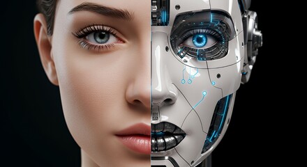 Human Face and Cyborg Face Composite Image Showing Contrast