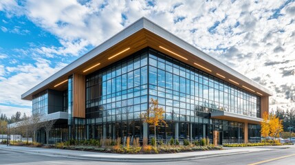 Obraz premium Modern office building exterior, sunny day, landscaped grounds, businesses in background