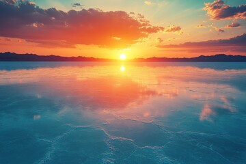 Obraz premium Stunning sunset over a vast salt flat with vibrant colors reflecting on the water