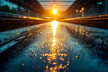 Sunset illuminates wet train tracks during a rainstorm in an urban setting at golden hour
