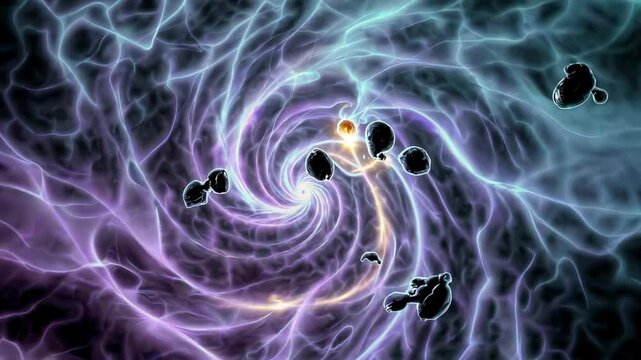 Nebula vortex spiraling with celestial energy, forming a cosmic gateway surrounded by swirling dark matter and luminous astral currents.

