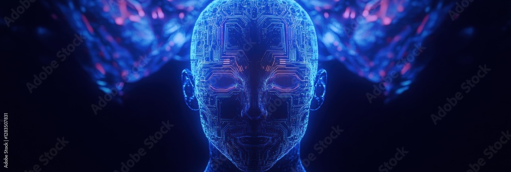Poster silhouette of a human head featuring a circuit board pattern and glowing neon lines in a futuristic 