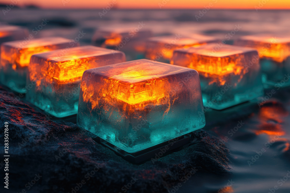 Poster illuminated ice cubes glow with vibrant orange and teal hues at sunset, creating a mesmerizing scene
