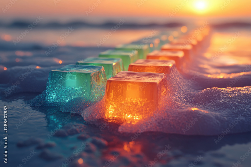 Poster luminous cubes arranged on a beach at sunset, creating a captivating scene.