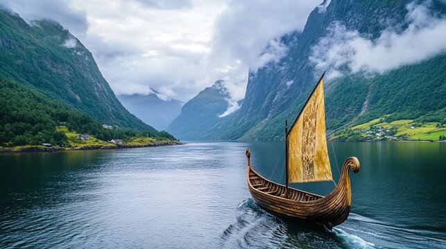 Viking longship sailing fjord, mountains, clouds. - Powered by Adobe
